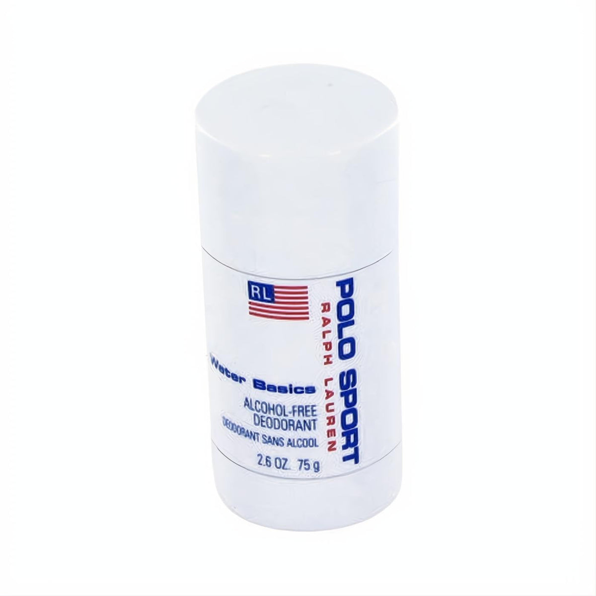 Sleek white POLO SPORT Ralph Lauren alcohol-free deodorant stick, 2.6 oz, with bold blue branding and iconic RL flag.