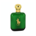Iconic Ralph Lauren Polo cologne in a sleek green glass bottle with a gleaming gold cap and signature logo.