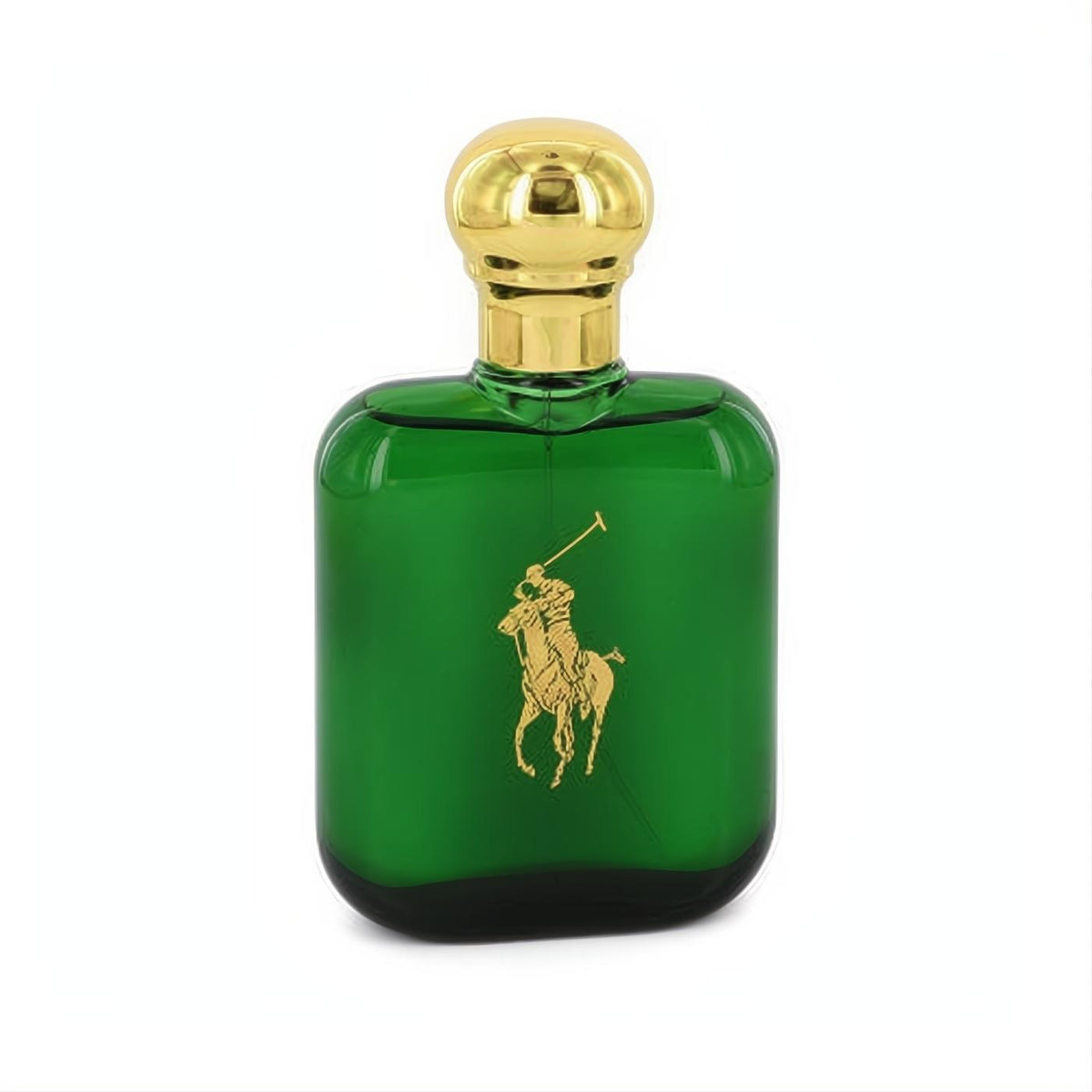 Iconic Ralph Lauren Polo cologne in a sleek green glass bottle with a gleaming gold cap and signature logo.