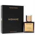 Experience Nishane Pachuli Kozha Extrait de Parfum: a luxurious dark amber bottle and sleek black box with striking gold details.