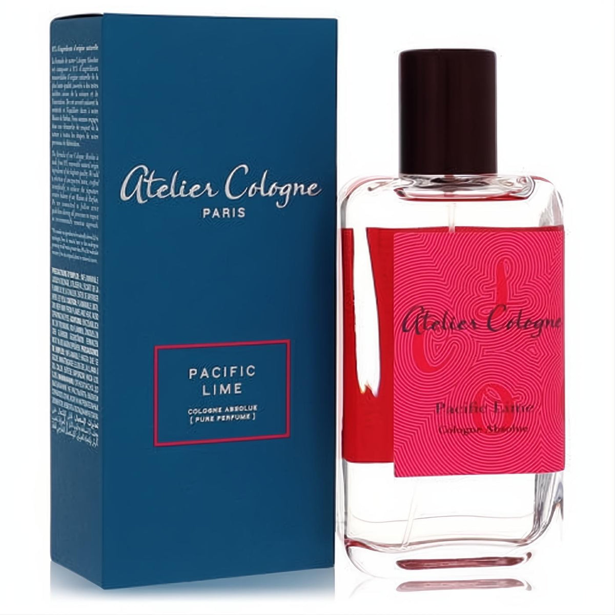 Pacific Lime by Atelier Cologne 3.3 oz unisex pure perfume. Sleek glass bottle with vibrant pink label and elegant blue box.