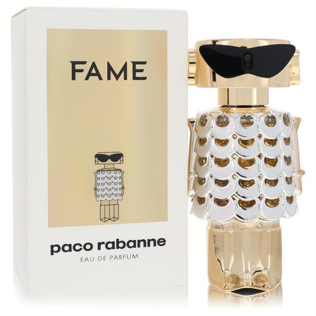 Paco Rabanne Fame 1.7 oz Eau De Parfum. Dazzling gold robot bottle with silver scales and chic black sunglasses.