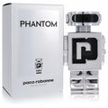 Paco Rabanne Phantom 3.4 oz men's EDT. Futuristic silver chrome robot bottle with black accents, displayed with its sleek white box.