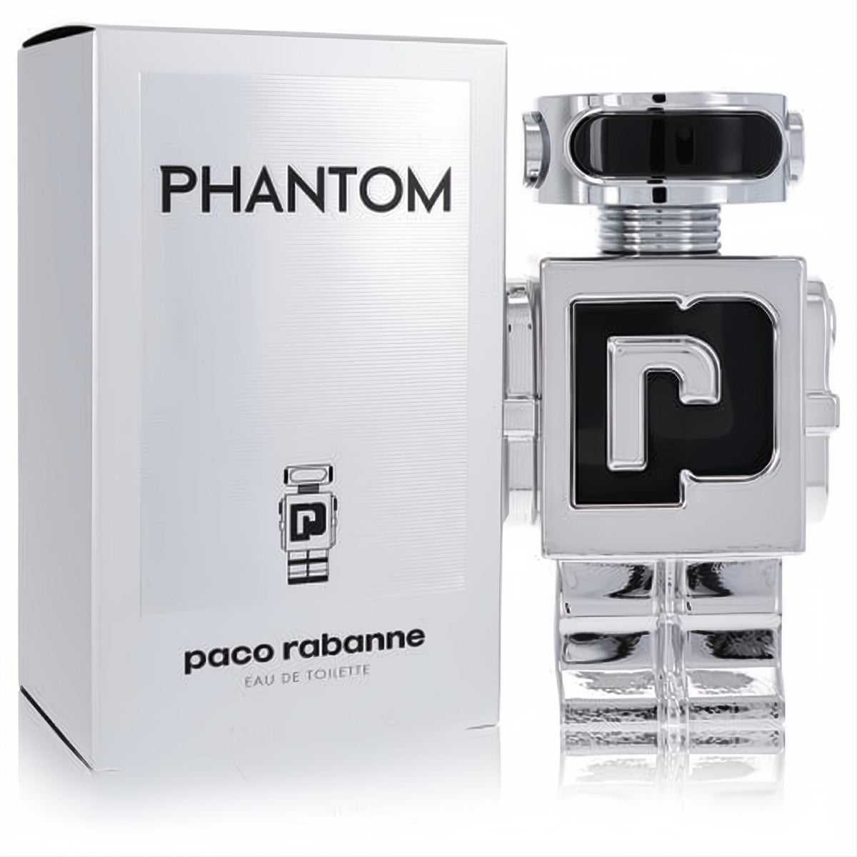 Paco Rabanne Phantom 3.4 oz men's EDT. Futuristic silver chrome robot bottle with black accents, displayed with its sleek white box.