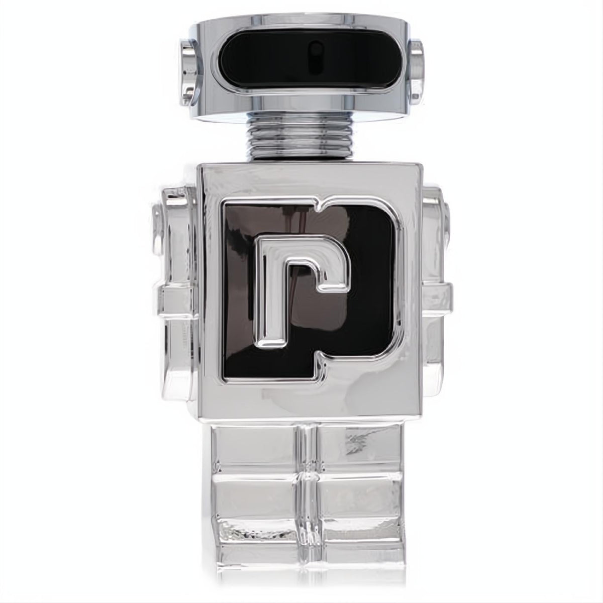 Striking Paco Rabanne Phantom men's EDT in a futuristic chrome robot bottle with a bold black "P" logo.
