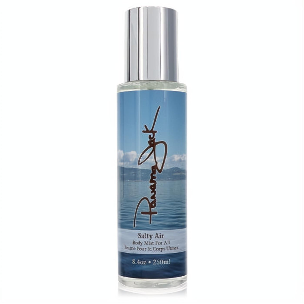 Invigorating Panama Jack Salty Air 8.4oz unisex body mist. Clear bottle, sleek silver cap, and a vibrant blue ocean scene label.