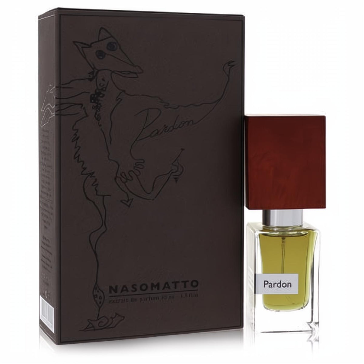 Pardon by Nasomatto Extrait de Parfum: clear bottle with yellowish-green liquid, bold reddish-brown wood cap, and artistic dark brown box.