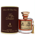 Elegant Emir Fire Your Desire unisex perfume, 3.4 oz. Amber liquid in clear bottle with luxurious gold cap and tassel, beside dark brown box.