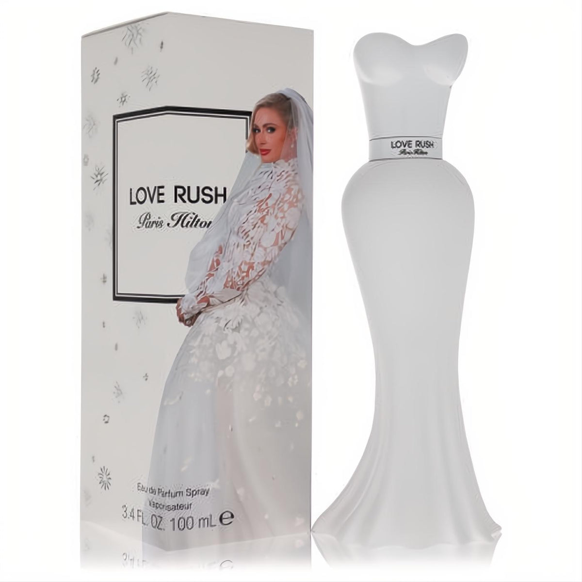 Iconic Paris Hilton Love Rush 3.4 oz EDP in a stunning white wedding dress bottle, displayed with its elegant matching box.