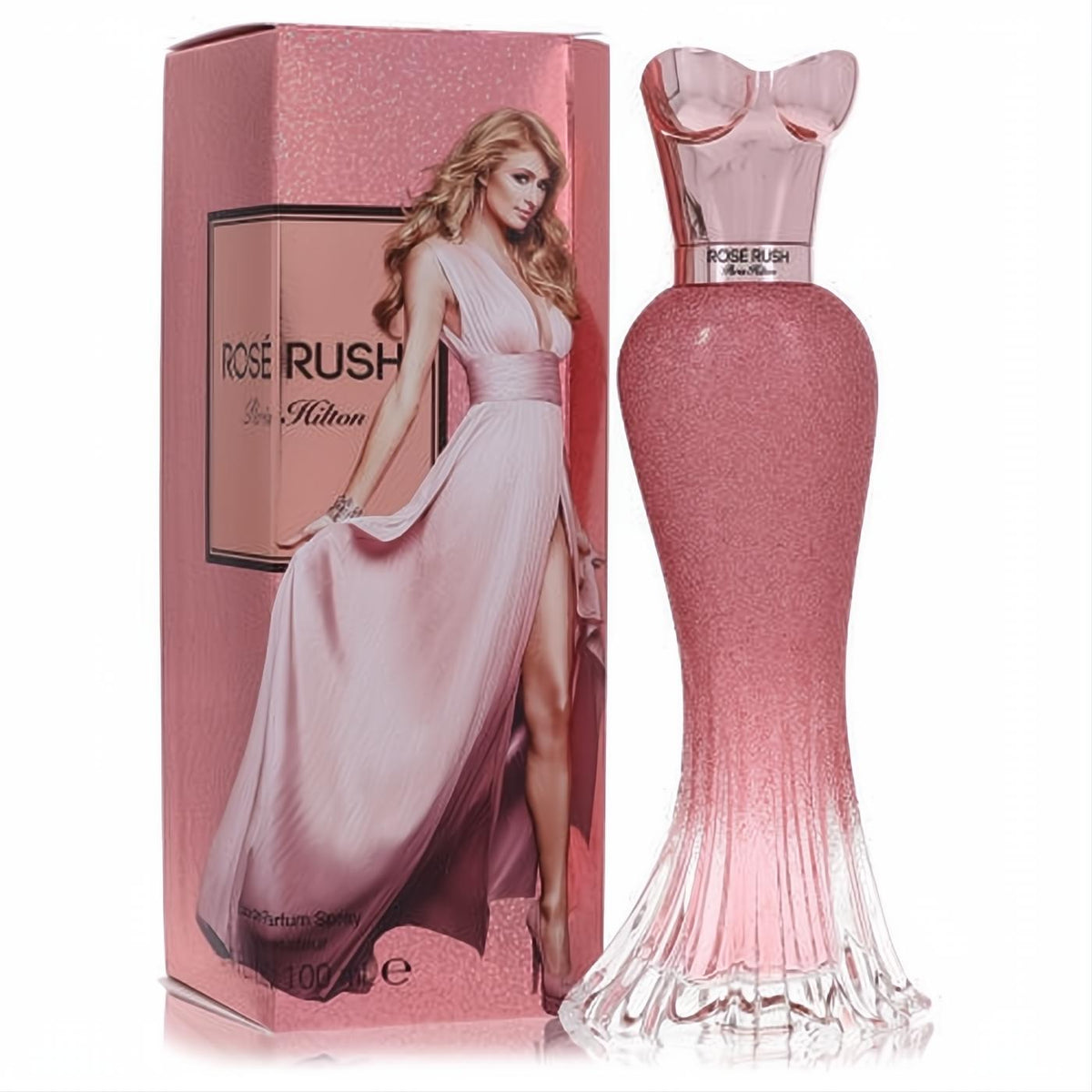 Paris Hilton Rose Rush 3.4 oz EDP. Shimmering rose gold perfume bottle, sculpted like a glamorous gown, with a chic pink box.