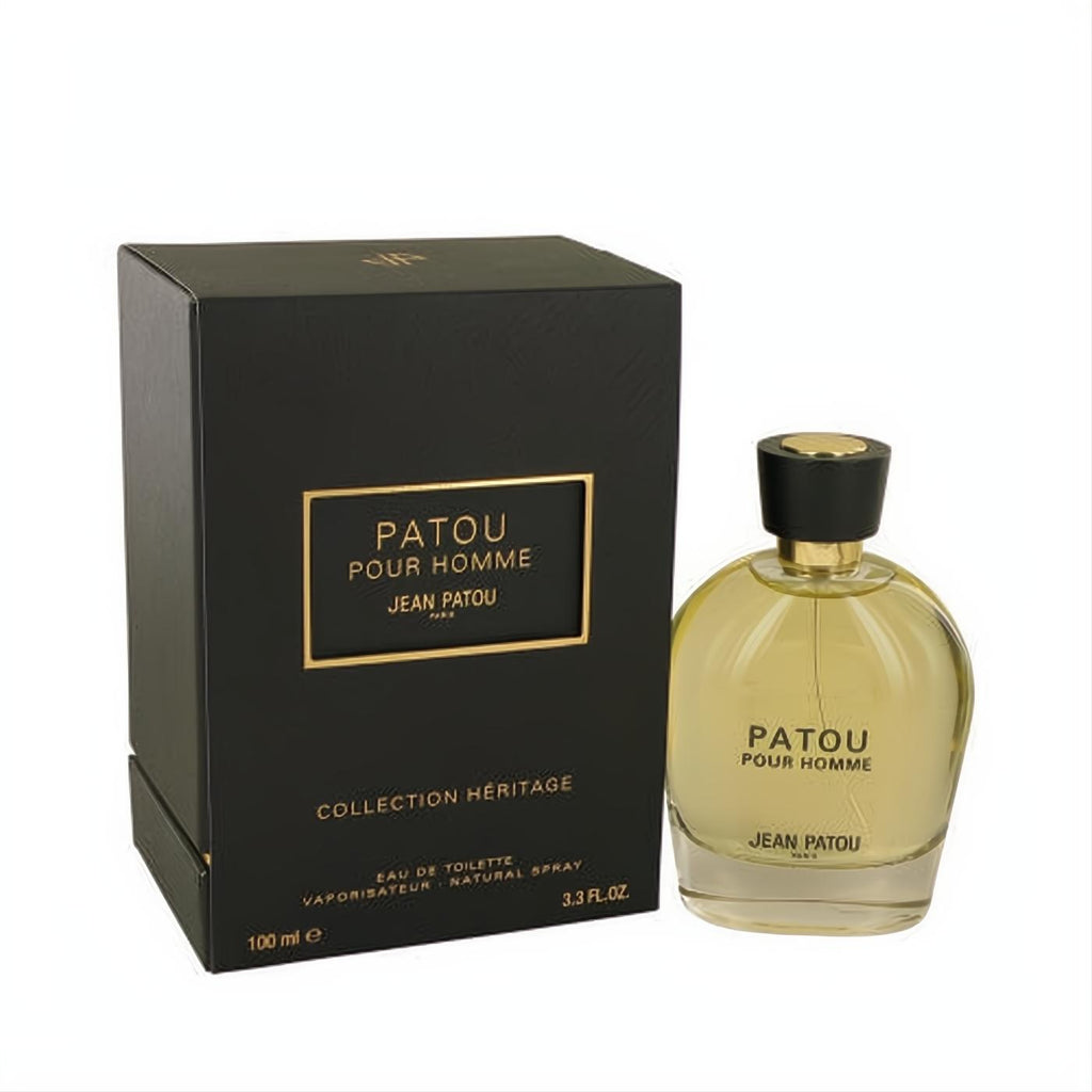 Elegant men's Patou Pour Homme Eau de Toilette spray, 3.3 FL.OZ., in a clear glass bottle with a luxurious black and gold box.