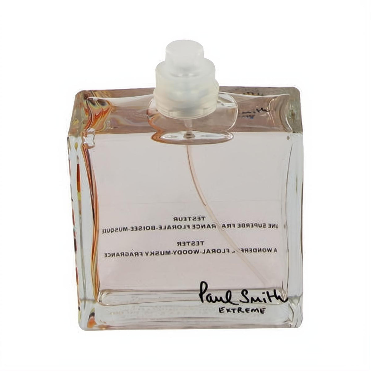 Paul Smith Extreme 3.4 oz female EDT tester spray. Clear rectangular glass bottle with light pink fragrance.