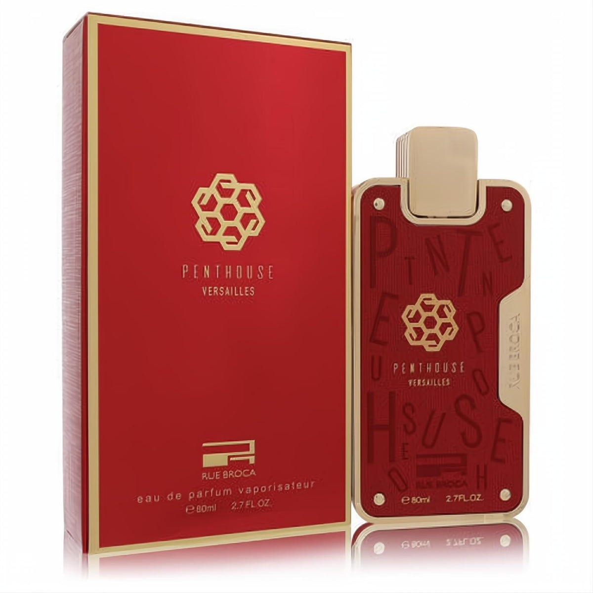 Captivating red Penthouse Versailles Rue Broca 2.7 oz unisex EDP bottle with gold cap, logo, and matching box.