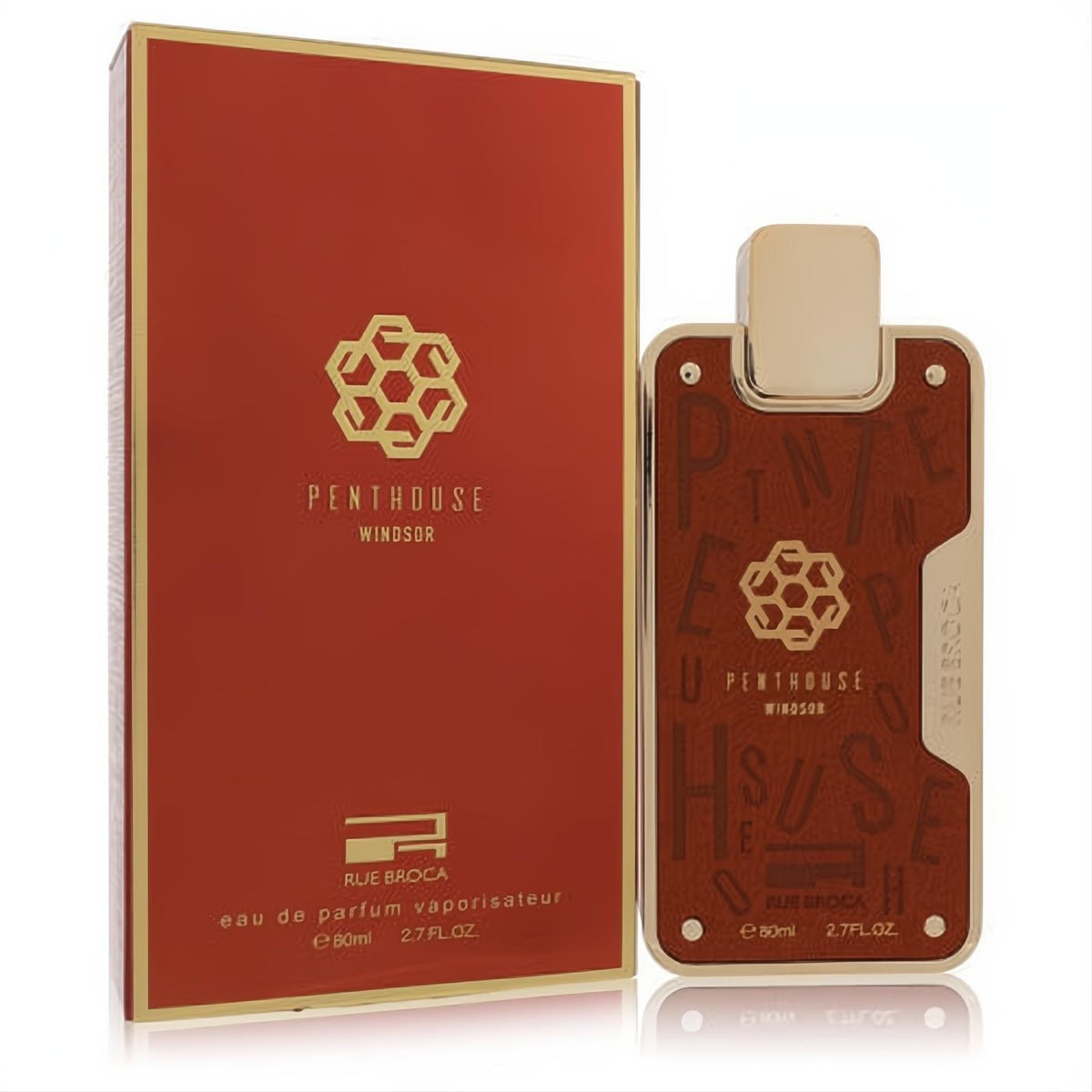 Rue Broca Penthouse Windsor unisex EDP 2.7 oz. Elegant reddish-orange box and unique gold-framed bottle with dark wood-grain design.