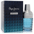 Pepe Jeans Life is Now 3.4 oz men's EDT. Unique blue textured glass shaker bottle with silver cap, beside dark blue geometric box.