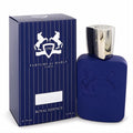 Elegant Percival Royal Essence 2.5 oz Eau De Parfum in a matte navy blue bottle with silver cap and matching striped box.