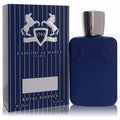 Luxurious Percival Royal Essence 4.2 oz EDP. Matte navy blue bottle with silver cap and embossed horse logo, beside its elegant striped box.
