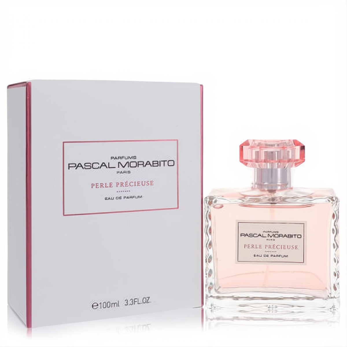 Perle Precieuse Pascal Morabito 3.3 oz EDP. Clear glass bottle with soft pink perfume, faceted jewel-like cap, and elegant white box.