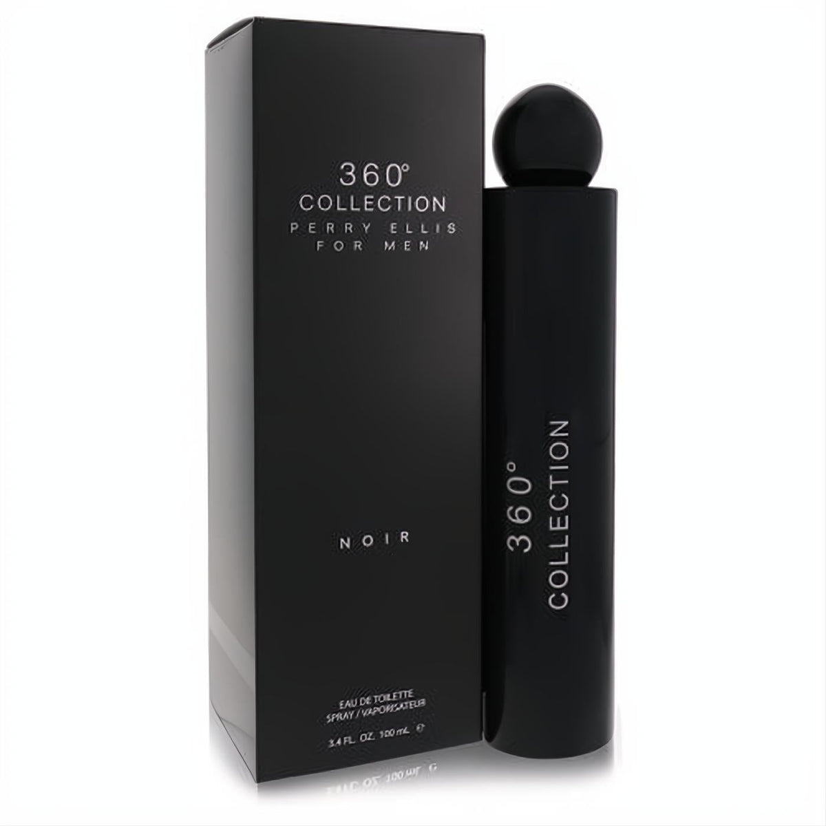 Sophisticated matte black Perry Ellis 360 Collection Noir men's 3.4 oz EDT spray bottle with spherical cap and matching box.