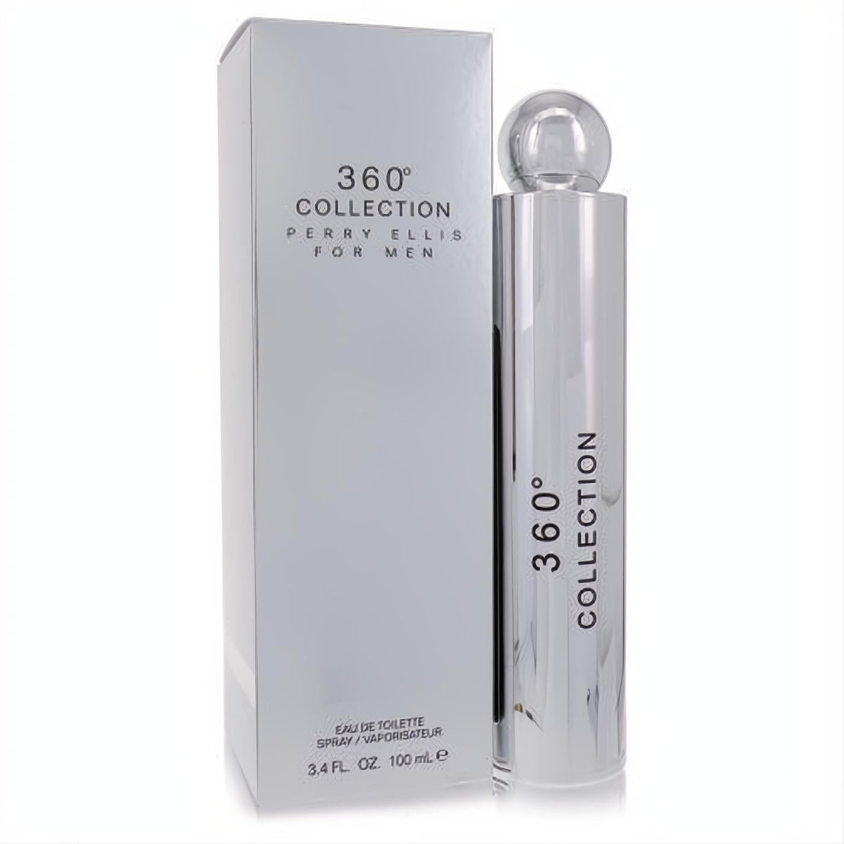 Perry Ellis 360 Collection for Men 3.4 oz EDT. Sleek, modern silver chrome bottle and elegant matching display box.