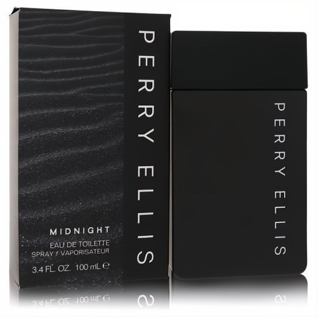 Striking Perry Ellis Midnight 3.4 oz EDT in a sleek matte black rectangular bottle and matching textured box.