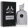 Perseus by Maison Alhambra 3.4 oz fragrance. Sleek silver bottle with distinctive sculpted cap, beside its elegant black and silver box.
