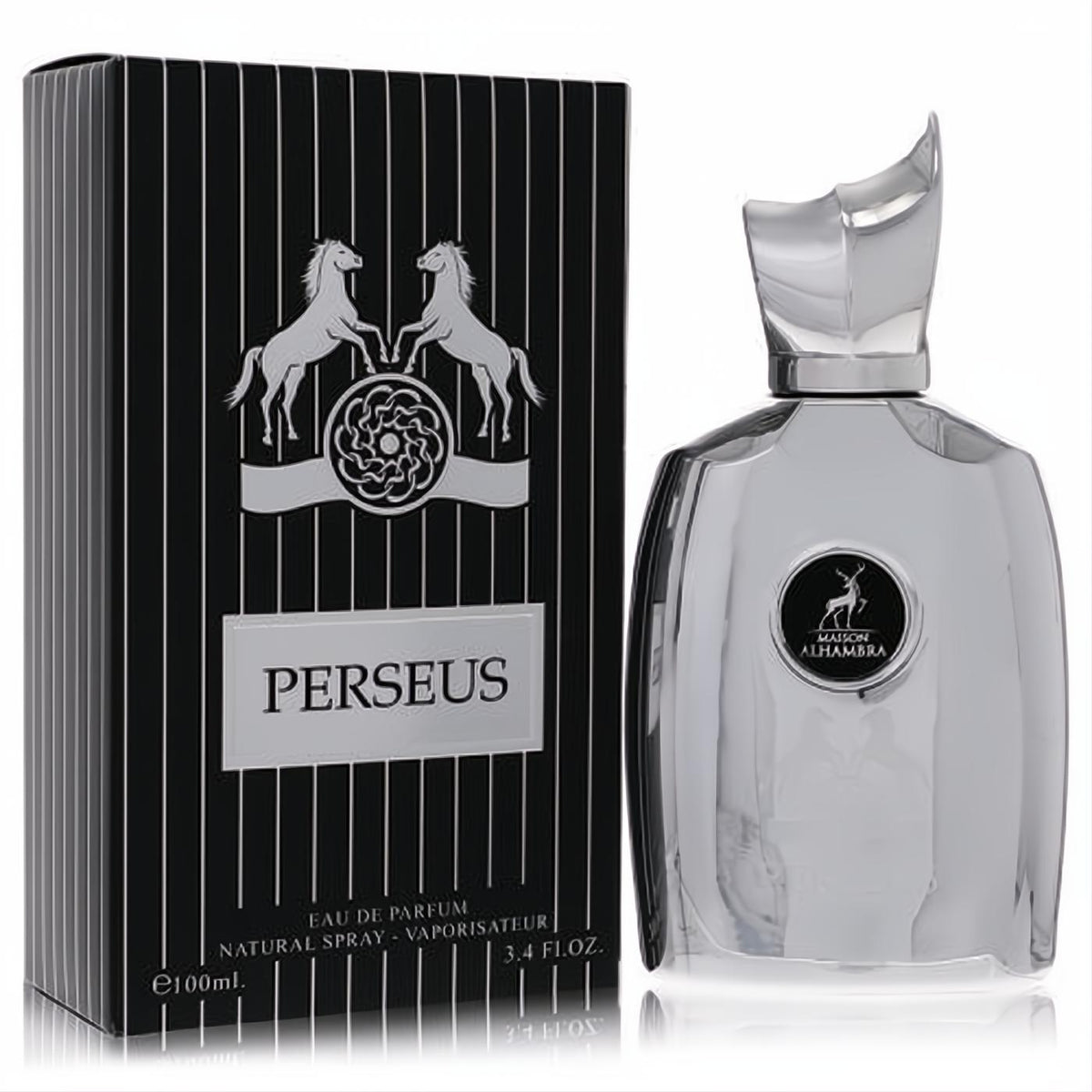 Perseus by Maison Alhambra 3.4 oz fragrance. Sleek silver bottle with distinctive sculpted cap, beside its elegant black and silver box.
