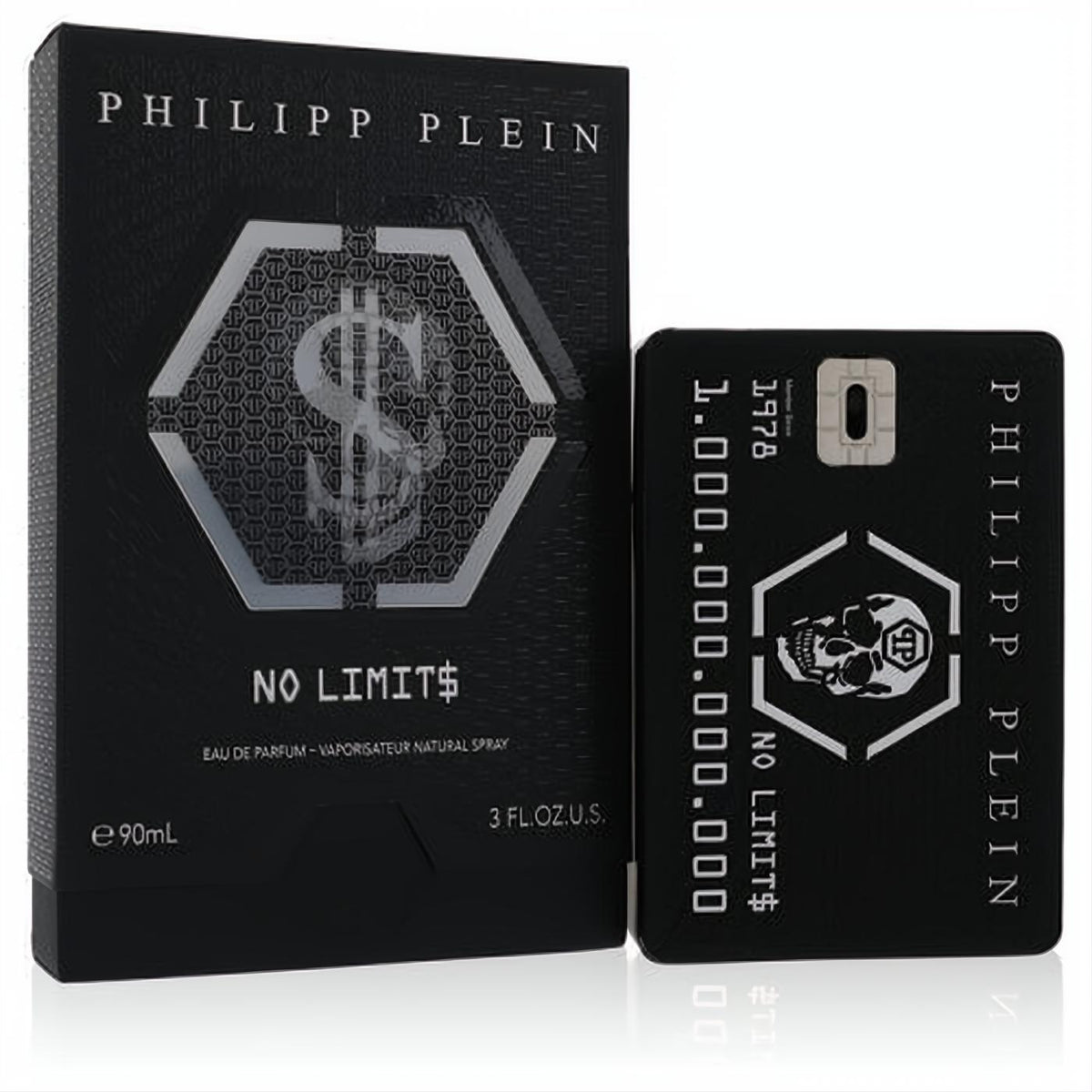 Philipp Plein No Limits 3 oz black EDP spray. Luxurious credit card-style bottle and box with bold skull & dollar sign.