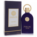 Elegant deep purple Philos Centro 3.4 oz Eau De Parfum spray by Maison Alhambra, featuring a distinctive gold cap and matching box.