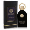 Experience Philos Opus Noir: a sophisticated 3.4 oz unisex EDP. Features a sleek matte black bottle with a striking gold cap and emblem.