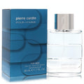 Experience Pierre Cardin Pour Homme 1.7 oz EDT. Modern clear glass bottle with silver cap, unique ridges, and a bold blue box.