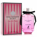 Pink Shimmer Secret Eau De Parfum 3.4 oz. Elegant faceted bottle with vibrant pink liquid, black bow, and striped box.