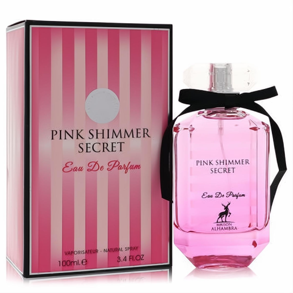 Pink Shimmer Secret Eau De Parfum 3.4 oz. Elegant faceted bottle with vibrant pink liquid, black bow, and striped box.
