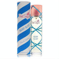 Captivating Pink Sugar Berry Blast 3.4 oz EDT spray. Clear bottle with pink cap, blue criss-cross design, and chic striped packaging.