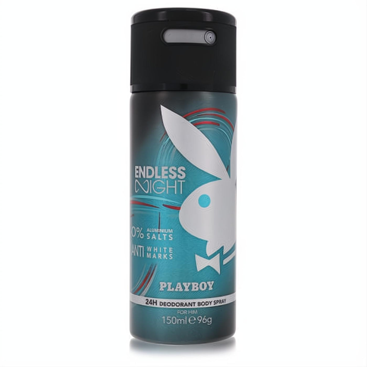 Playboy Endless Night 150ml men's deodorant body spray. Teal metallic can, iconic white bunny logo, 24H anti-white marks.
