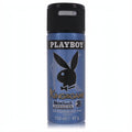 Playboy King of the Game 150ml blue men's deodorant spray. Sleek can with black bunny logo, gold text, and innovative black cap.