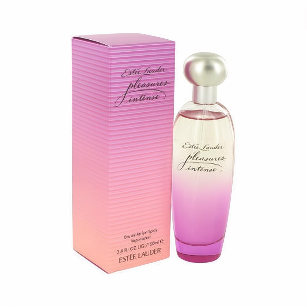 Discover Estee Lauder Pleasures Intense 3.4 oz EDP. Elegant bottle with pink gradient liquid, silver cap, and vibrant striped box.