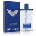 Police Cosmopolitan 3.4 oz men's EDT. Sleek clear glass bottle with blue cap and matching dark blue box, featuring the iconic winged 'P' logo.