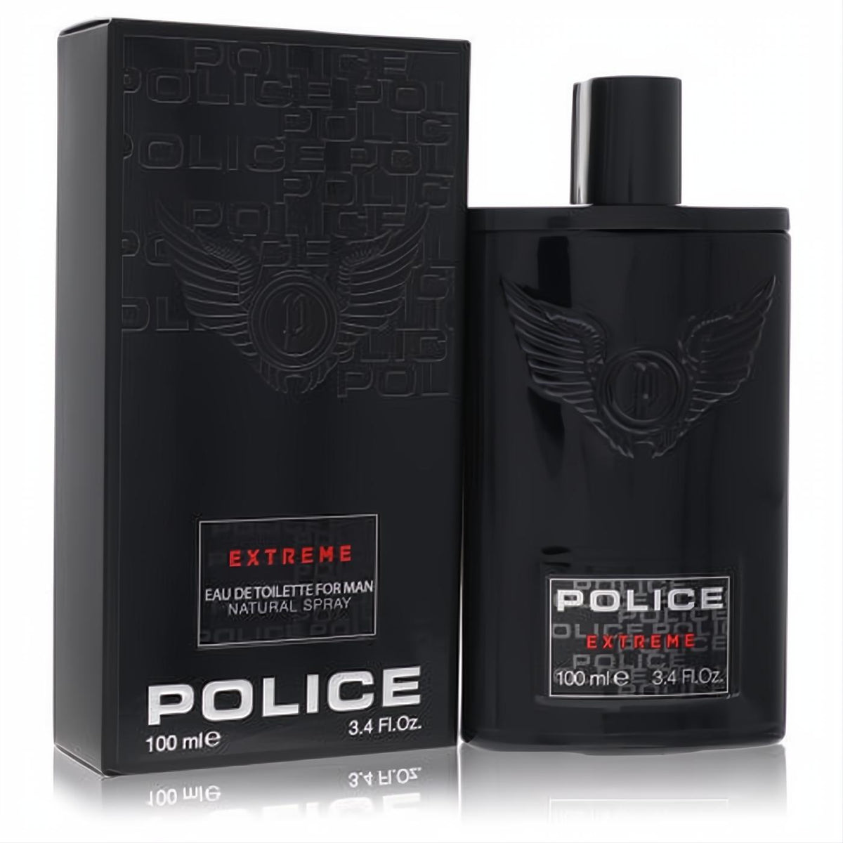 Sleek black Police Extreme Eau De Toilette spray, 3.4 oz, with iconic embossed winged logo. Bold men's fragrance.