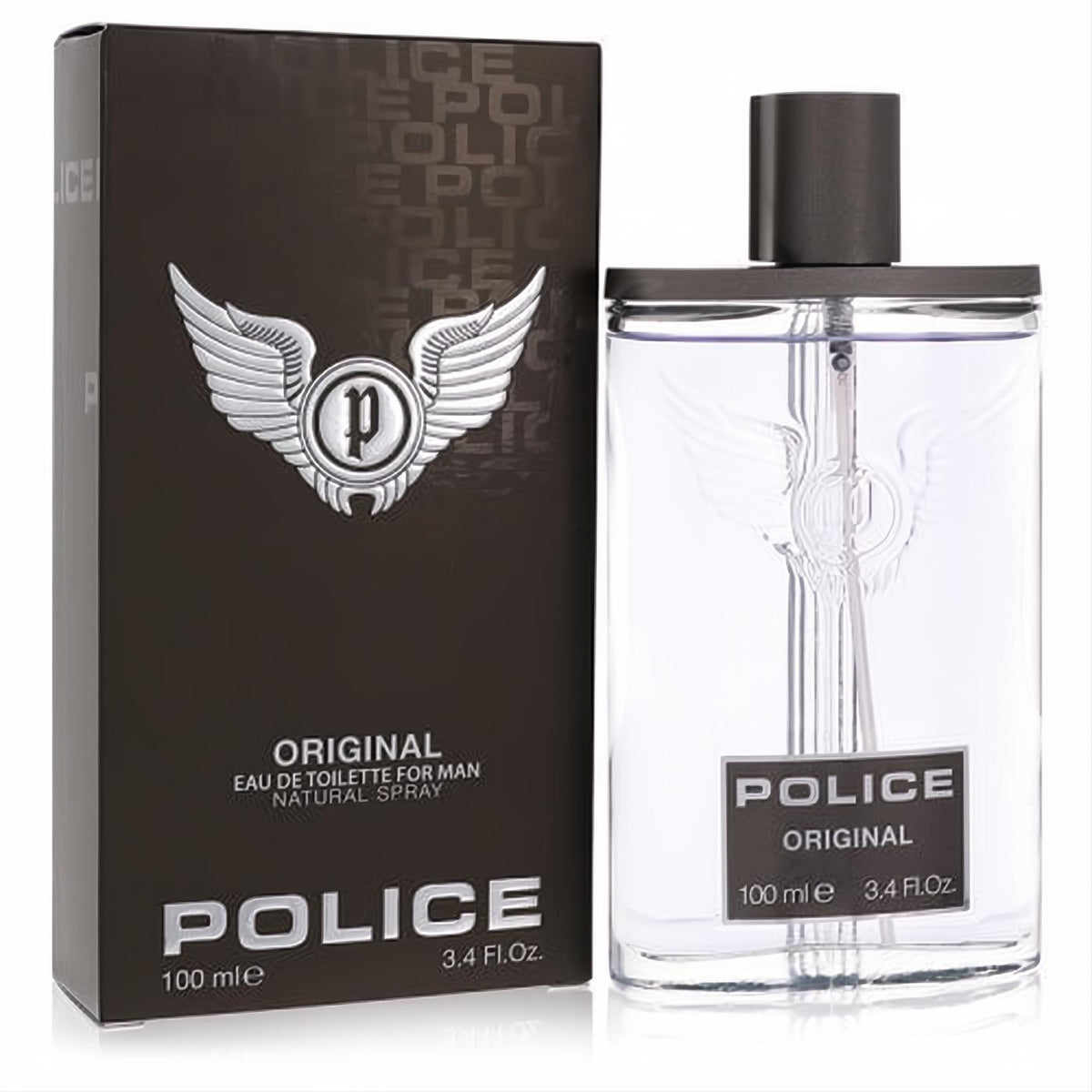 Police Original men's 3.4 oz Eau De Toilette spray. Sleek clear bottle with black cap, iconic winged logo, and dark branded box.