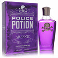 Unleash allure with Police Potion Arsenic 3.4 oz Eau De Parfum. Bold purple glass bottle, silver skull, striking ornate box.