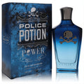 Police Potion Power 3.4 oz men's EDP spray. Bold blue gradient bottle with silver skull emblem and matching box.