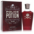 Police Potion For Her 3.4 oz EDP. Striking red glass bottle with silver skull emblem, sleek metallic cap, and coordinating dark red box.