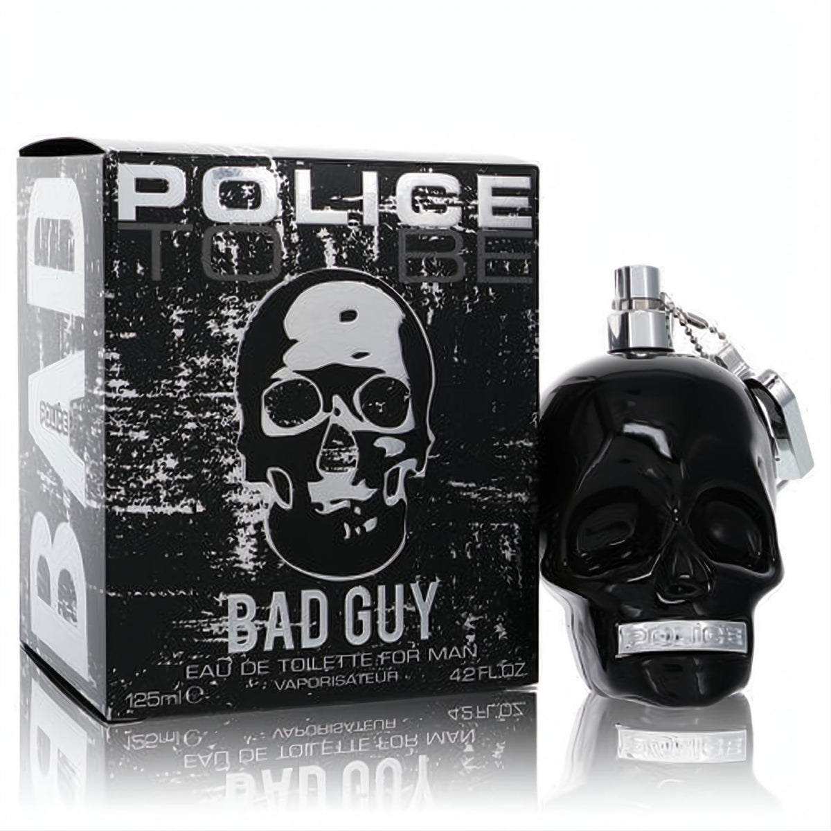 Bold Police To Be Bad Guy 4.2 oz men's cologne in a sleek black skull bottle with a matching distressed graphic box.