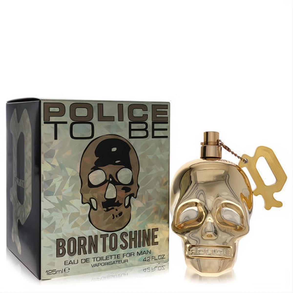 Police To Be Born To Shine 4.2 oz men's Eau De Toilette spray. Dazzling gold skull bottle with a key charm, beside its metallic-patterned box.