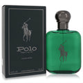 Ralph Lauren Polo Cologne Intense 4 oz men's fragrance. Vibrant green glass bottle with gunmetal cap and dark green box.
