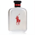 Polo Red Rush 4.2 oz men's EDT tester. Clear glass bottle, bold red polo player logo, and sleek black cap with red 'RED RUSH' detail.