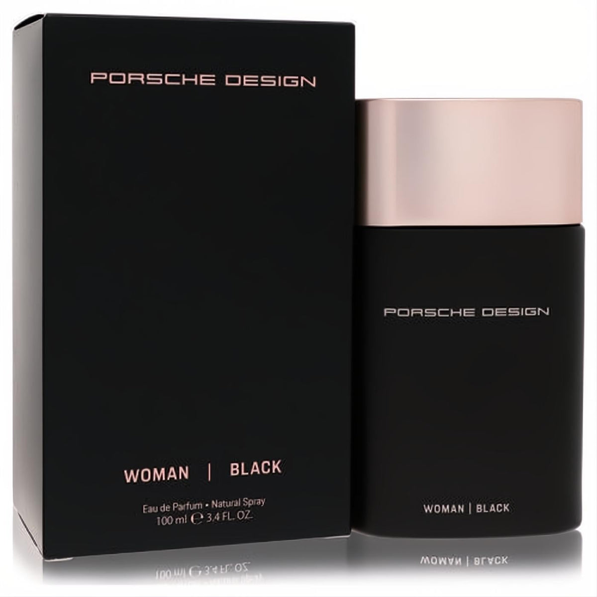 Porsche Design Black 3.4 oz Eau de Parfum for women. Sleek matte black bottle with a chic rose gold cap.