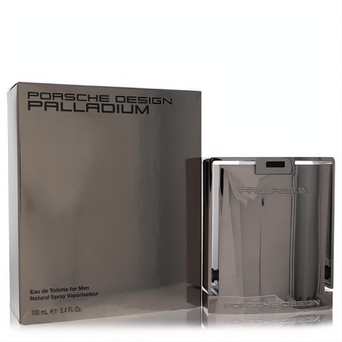 Porsche Design Palladium 3.4 oz men's fragrance. Distinctive metallic silver bottle and box, reflecting its bold, modern aesthetic.