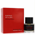 Timeless Frederic Malle Portrait of A Lady EDP. Clear glass bottle with golden fragrance, sleek black cap, and iconic red box.